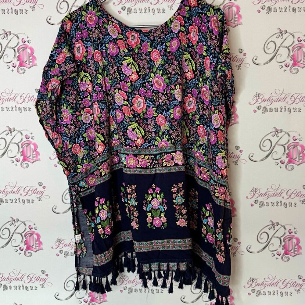 Floral Bohemian Tunic with Tassels flowy tshirt open sides flowers